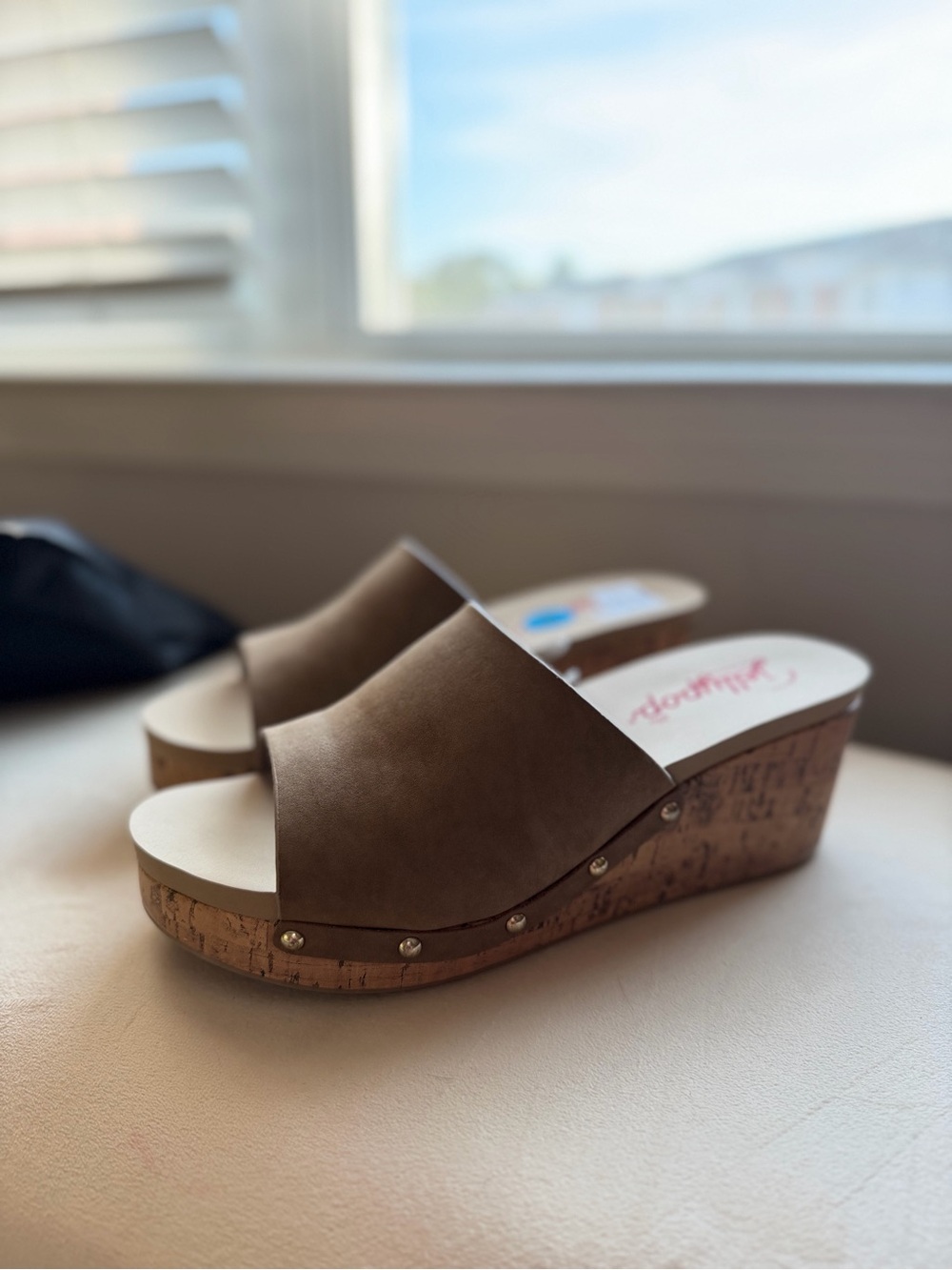 Women’s Cork Wedge Slide Sandals in Taupe